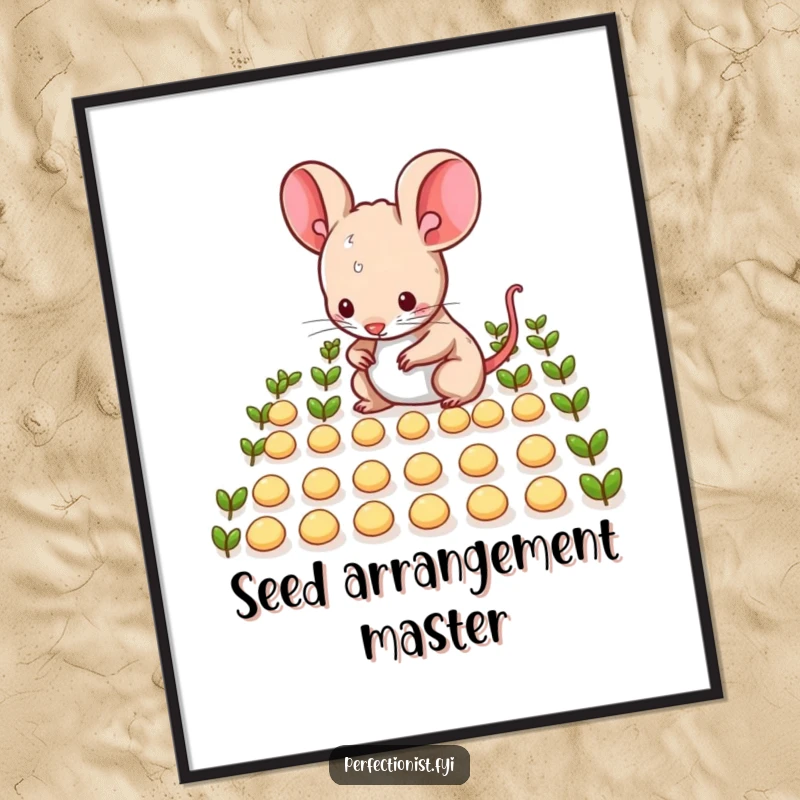 Funny mouse character humorously arranging tiny seeds in neat rows on a poster, a charming artwork for tidy spaces and a great funny gift.