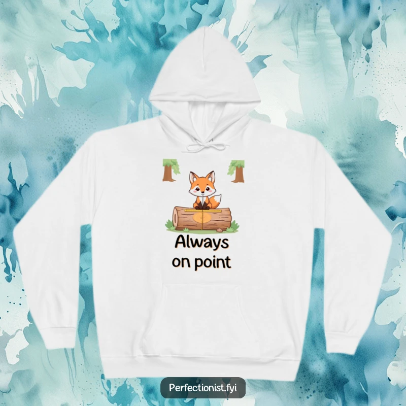 Funny hoodie featuring a fox precisely measuring the exact center of a fallen log, exuding comical intelligence and a dedication to perfect calculation.