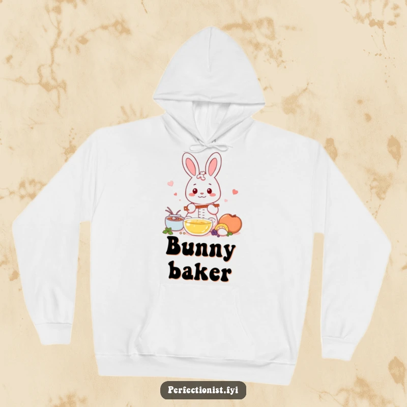 Funny Kawaii rabbit hoodie, a cute rabbit carefully measuring ingredients, symbolizing extreme accuracy.