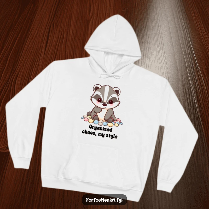 Funny badger hoodie with a tidy badger character meticulously alphabetizing small pebbles, offering warmth and humorous appreciation for order.