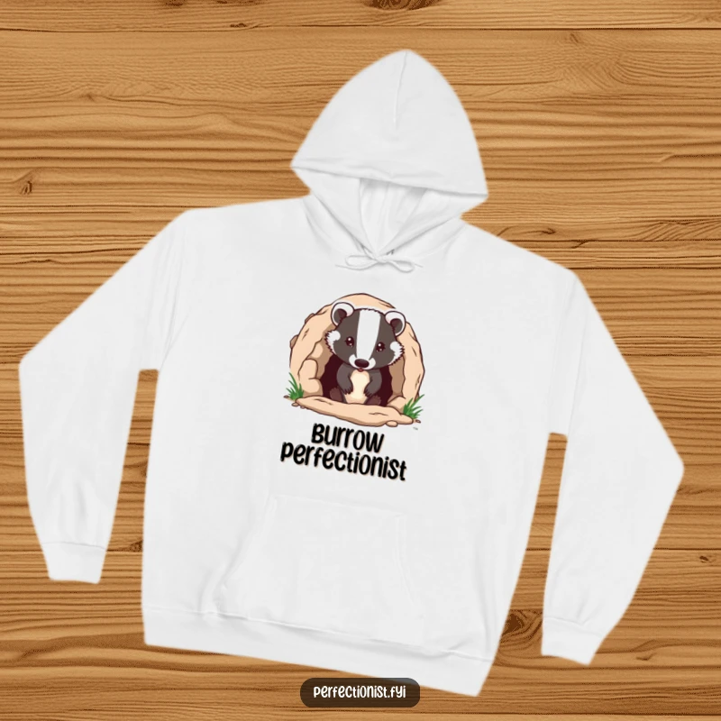Funny badger character meticulously ensuring its burrow entrance is flawless on a hoodie, perfect for cozy, humorous, and diligent individuals as a funny gift.
