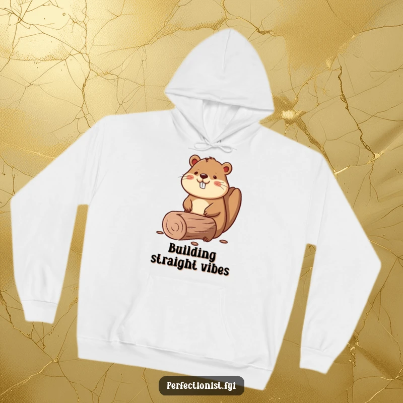 Funny hoodie depicting a beaver meticulously smoothing a perfectly straight log, symbolizing hard work and precision.