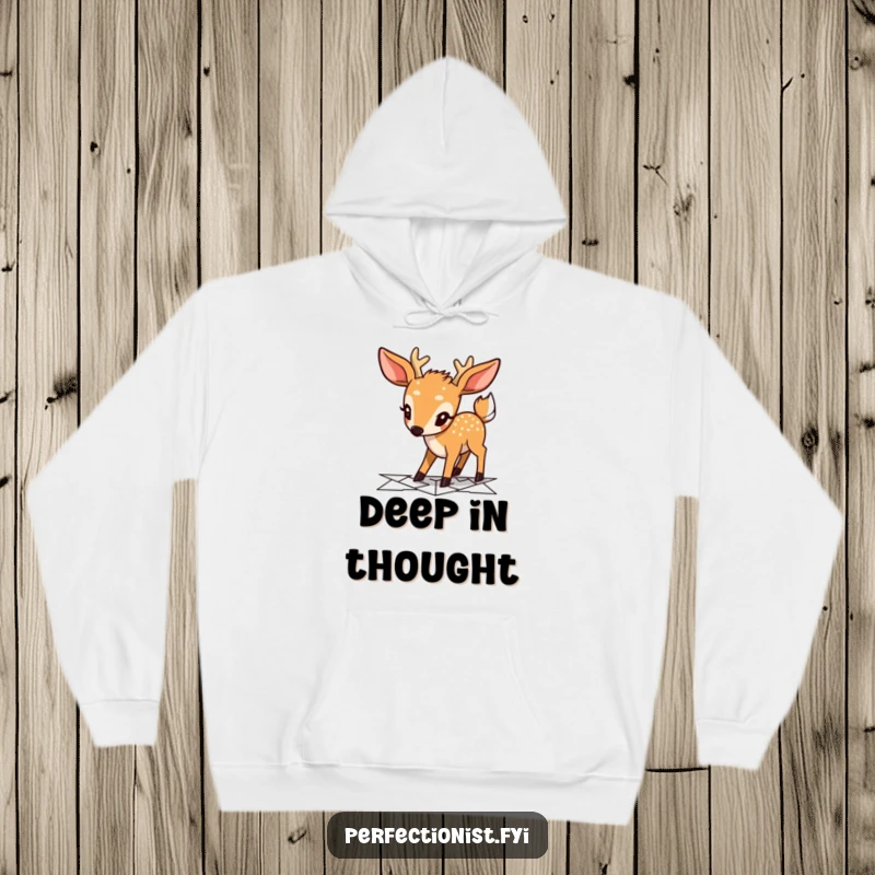 Funny deer hoodie featuring a focused character planning a geometric pathway, embodying meticulousness and warmth with a humorous touch.