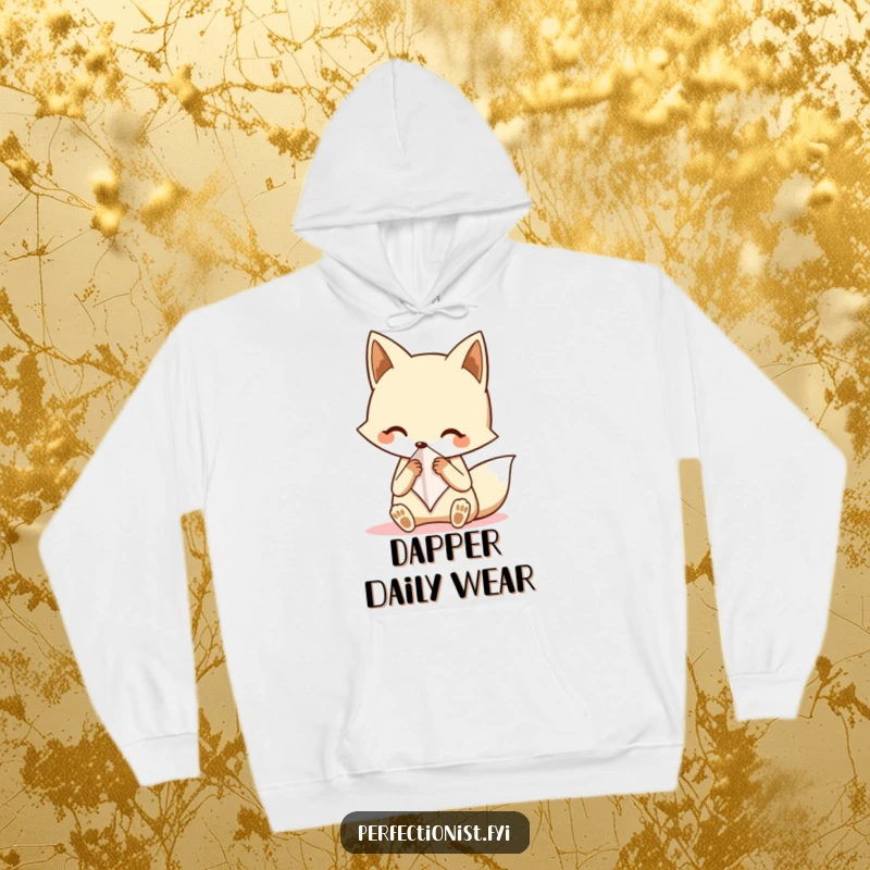 Funny fox hoodie with a neat fox character carefully folding a tiny handkerchief, offering warmth and dapper humor for screen reader users.