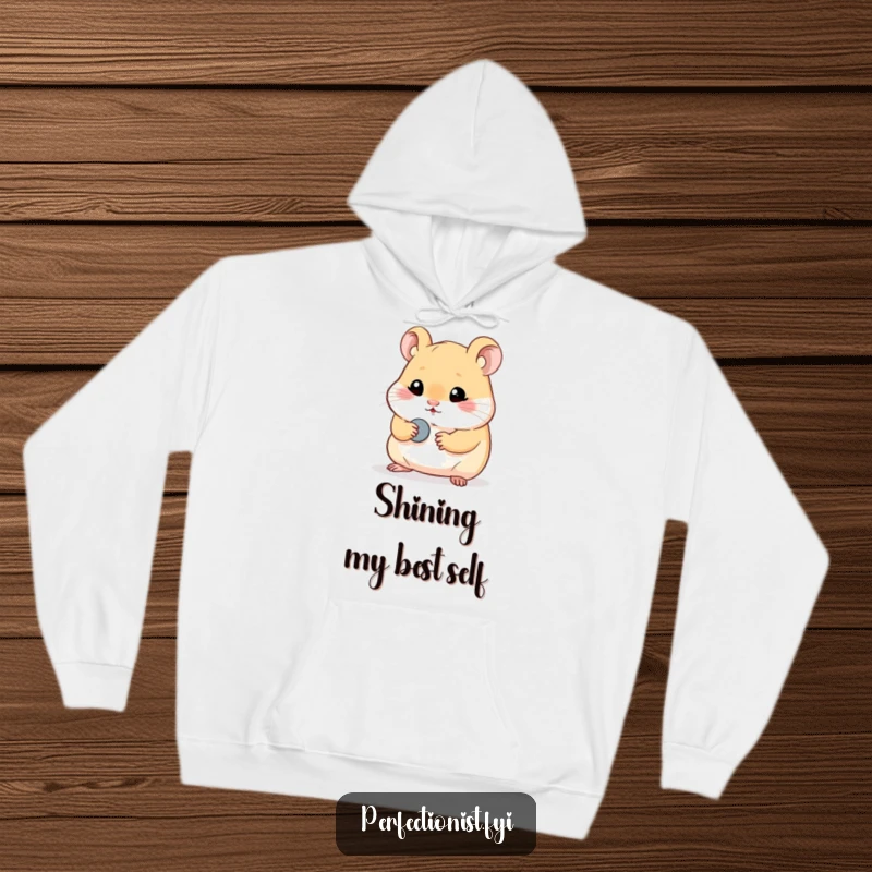 Funny hamster hoodie with a perfectionist hamster character meticulously polishing a single, tiny button, offering warmth and humorous appreciation for shine.