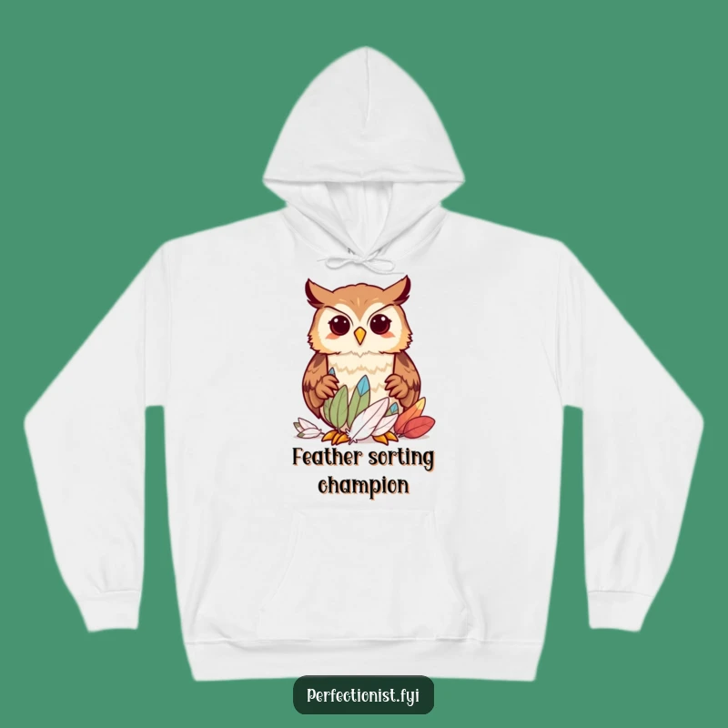Cozy Funny Owl Hoodie: Warm Apparel Featuring Hilarious Feather Sorting Action