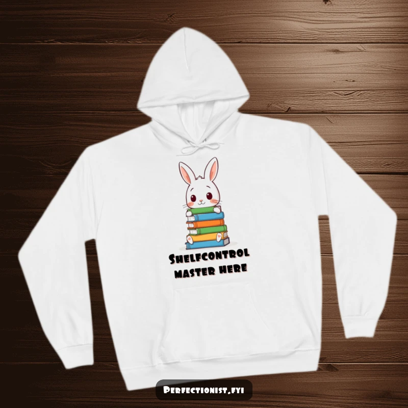 Funny hoodie featuring a meticulous rabbit character, carefully arranging a stack of books, ideal for cozy reading sessions and book enthusiasts.