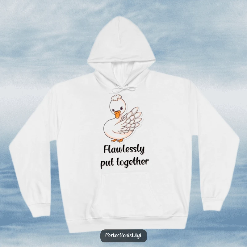 Funny hoodie depicting a swan carefully arranging its feathers into a flawless pattern, offering style and comfort.