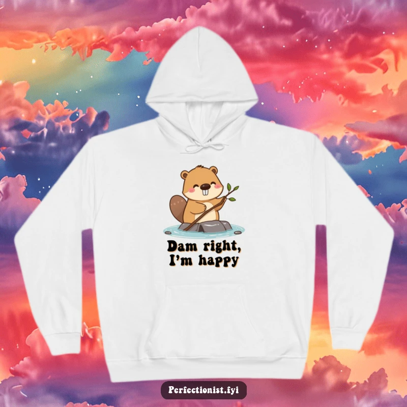 Funny happy beaver straightening a single small twig on a dam on a cozy hoodie, perfect for chilly construction days.