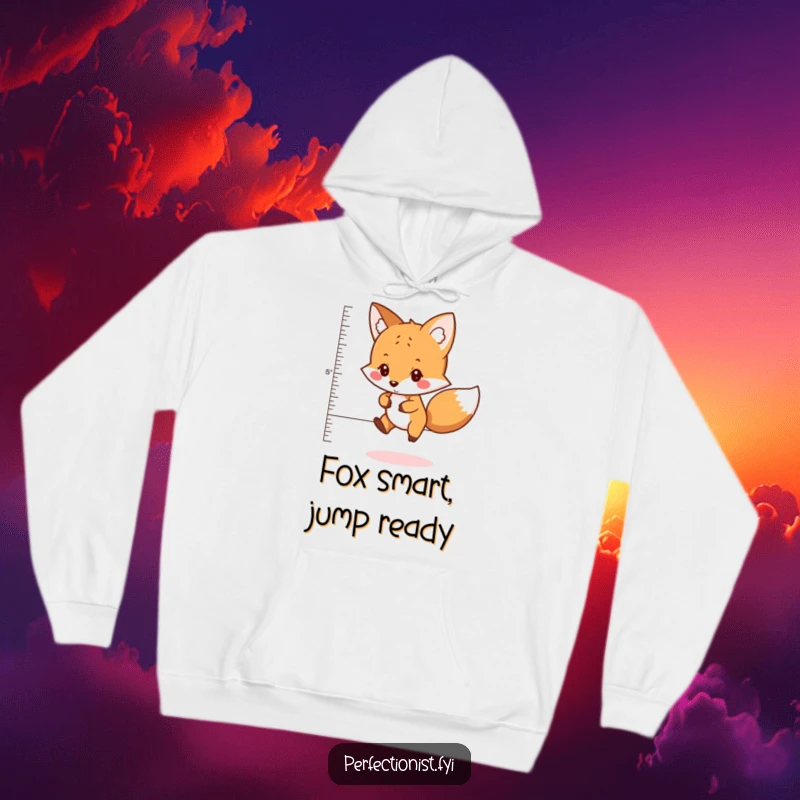 Funny hoodie featuring a careful fox character precisely measuring the perfect distance to jump, radiating thoughtful concentration and cozy style.