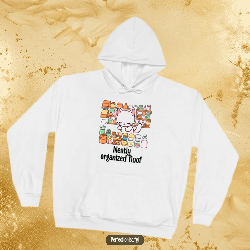 Funny Hoodie: A cat meticulously arranges items, offering a humorous take on tidiness and comfort.