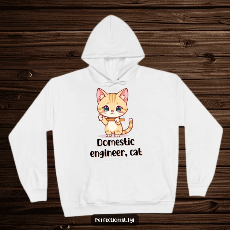 Funny Cat Hoodie featuring a focused cat straightening a wobbly picture frame, ideal for cozy and organized wear.