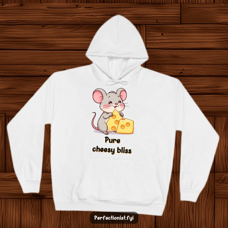 Funny hoodie with a content mouse character admiring a perfect cheese triangle, symbolizing ultimate cheesy satisfaction, cozy and humorous.