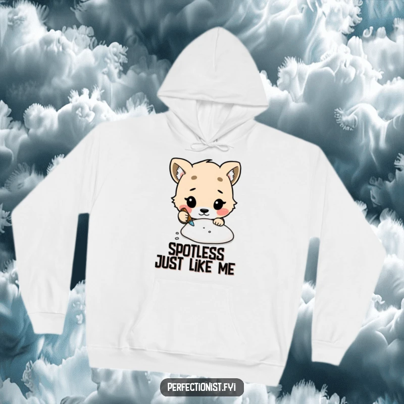 Funny hoodie depicting a cute animal character with utmost concentration cleaning a tiny speck of dust.