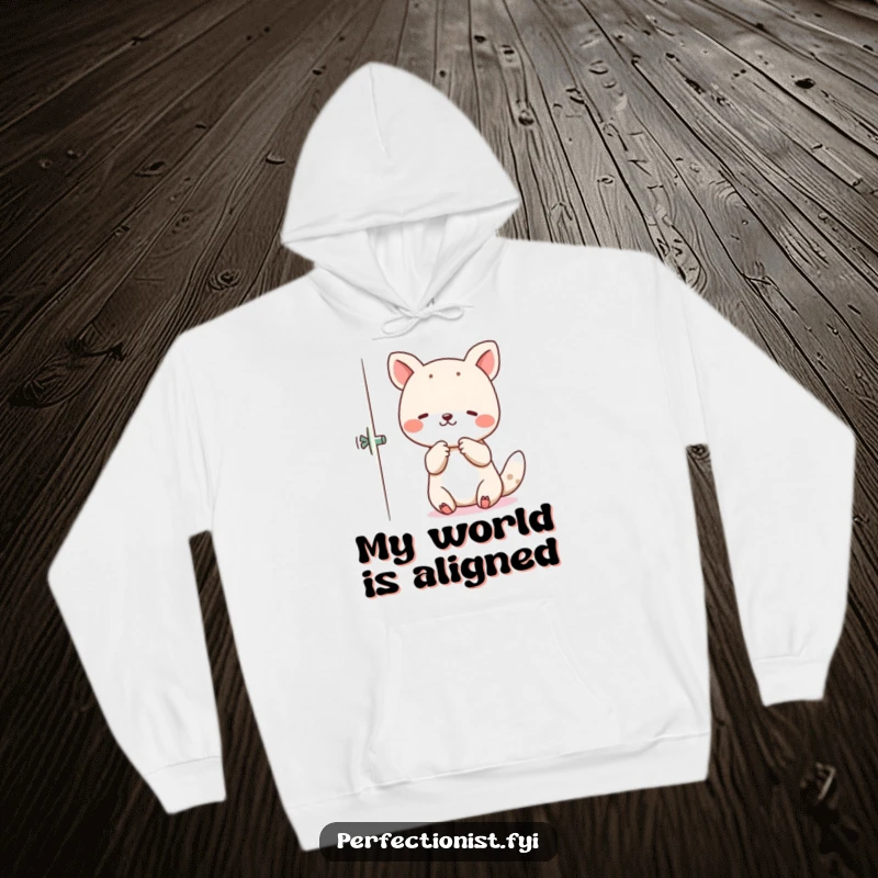Funny Hoodie depicting an animal character carefully adjusting misplaced items to achieve perfect symmetry.