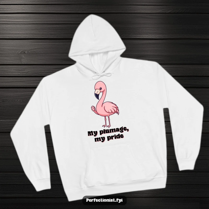 Funny flamingo hoodie with a blushing flamingo character intensely adjusting a feather, a comfortable and humorous gift for perfectionists.