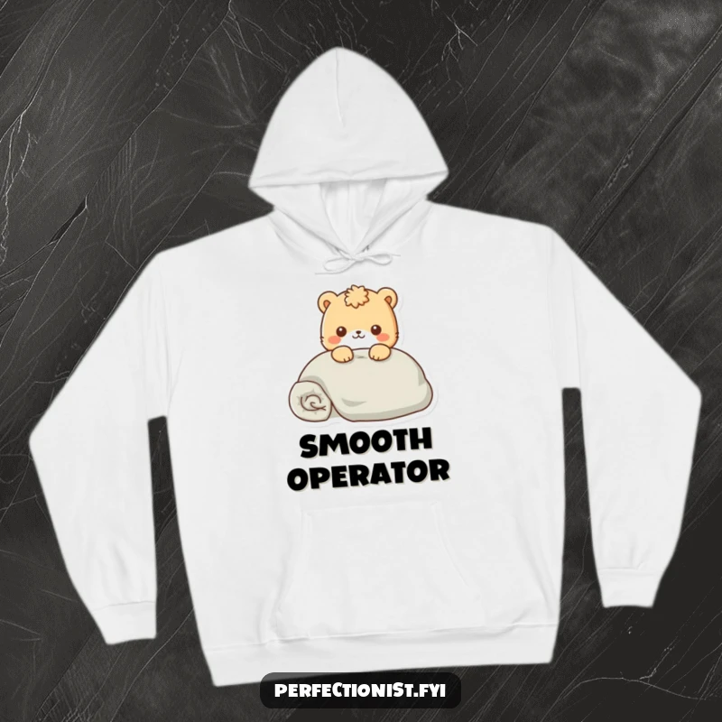 Funny Hoodie showing an animal character meticulously smoothing a perfectly folded blanket, emphasizing neatness.