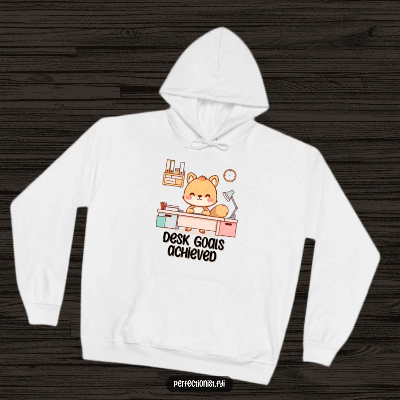 Funny Hoodie depicting an animal character looking pleased at a perfectly arranged and functional desk.