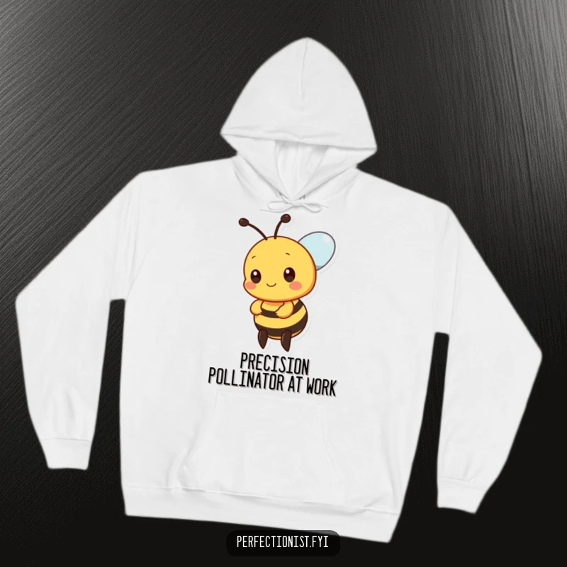 Funny bee hoodie with a precise bee character aligning nectar drops, a comfortable and humorous gift for organizers.