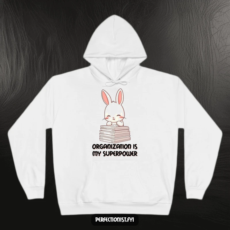 Funny Rabbit Hoodie: A meticulous rabbit character is straightening a stack of papers, exuding a calm and focused demeanor, great for cozy humor.