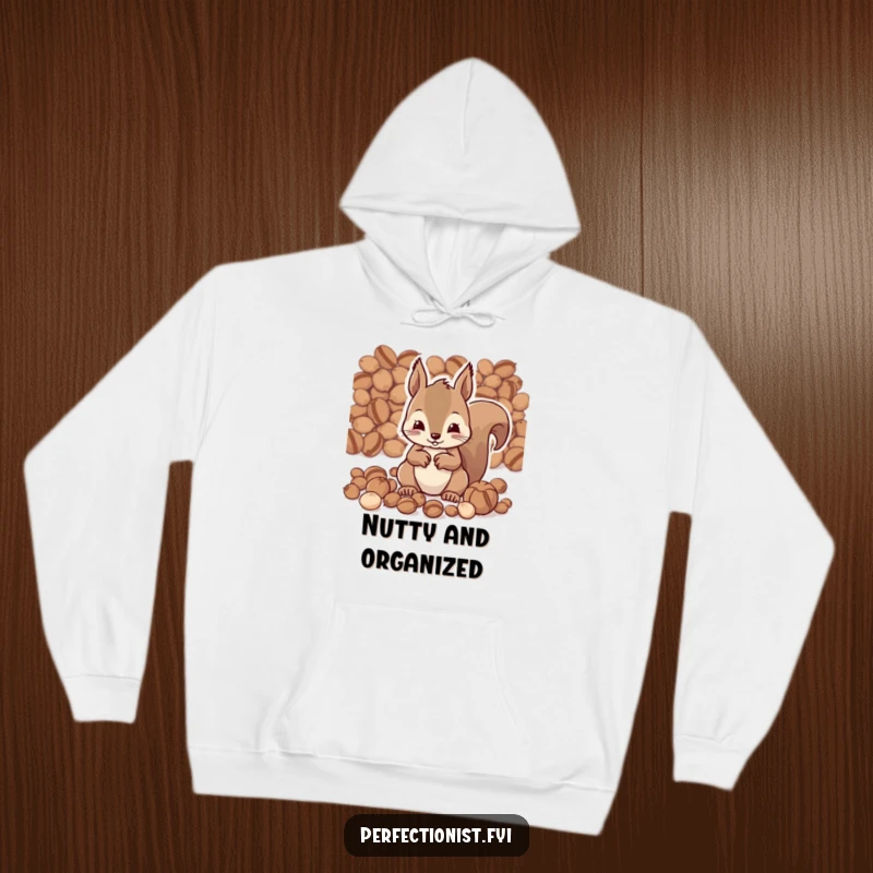 Funny hoodie with a diligent squirrel character meticulously organizing nuts by size, offering warmth and a humorous statement for casual wear.