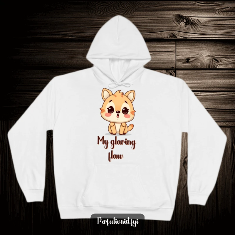 Funny hoodie featuring a startled animal character spotting a small defect, designed for comfort and laughs. A great funny gift.
