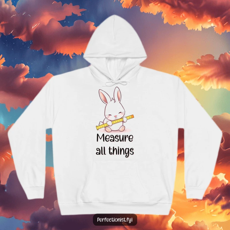 Funny hoodie displaying a focused rabbit meticulously using a small ruler to check dimensions, a comical character of precision.