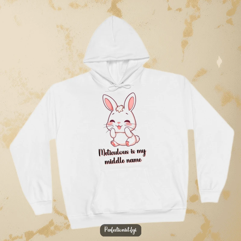 Funny rabbit hoodie showing a cute bunny character meticulously grooming its whiskers, offering warmth and humorous style.