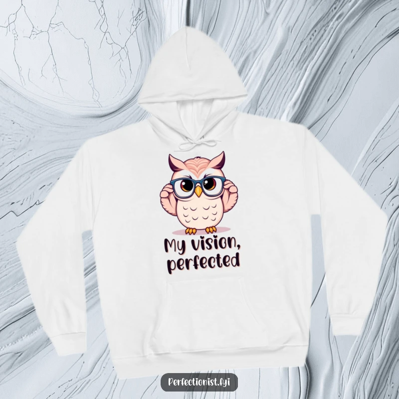 Funny Owl Hoodie: A proud owl character is adjusting perfectly symmetrical glasses, exuding warmth and intellectual charm.