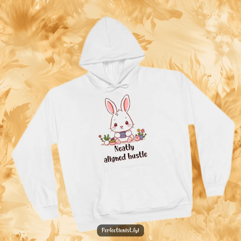 Funny Hoodie: A rabbit carefully aligns objects, combining cozy comfort with humorous focus.