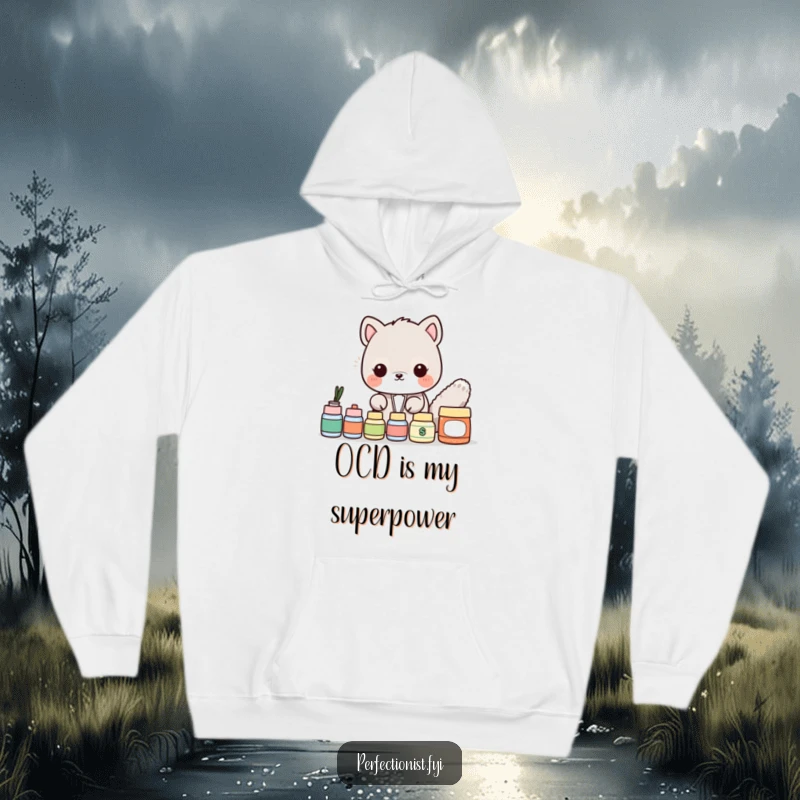Funny Hoodie: An adorable animal character is depicted ensuring every item is perfectly in place, radiating organized humor and warmth.