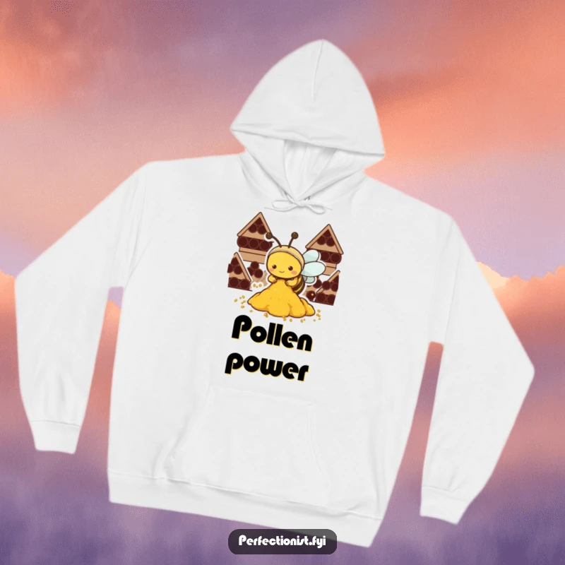 Funny Kawaii bee hoodie, a diligent bee neatly arranging pollen, symbolizing focused effort.