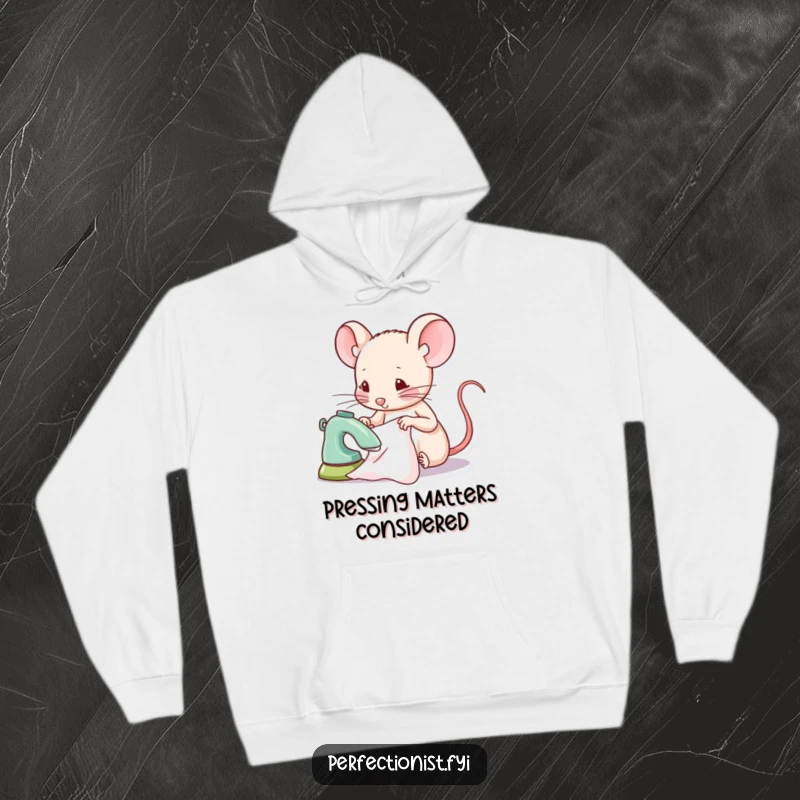Funny mouse hoodie with a focused mouse character ironing a tiny piece of fabric, a comfortable and humorous gift for crafters.