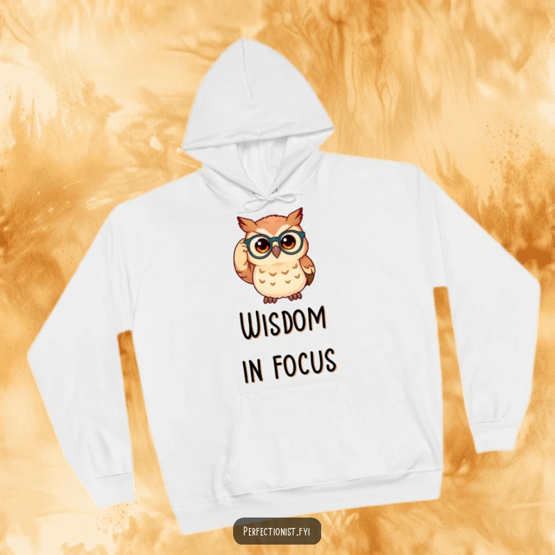 Funny owl hoodie with a curious owl adjusting its spectacles, offering a warm and humorous look for intellectual comfort.