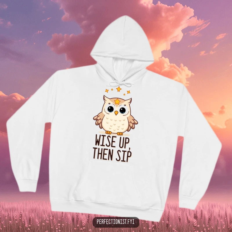 Funny hoodie featuring an owl meticulously aligning stars in its gaze, exuding comical wisdom and a dedication to maintaining celestial balance.