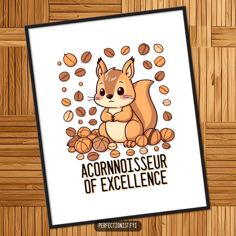 Funny Free Printable Squirrel Wall Art depicting a squirrel meticulously organizing nuts by size and color.
