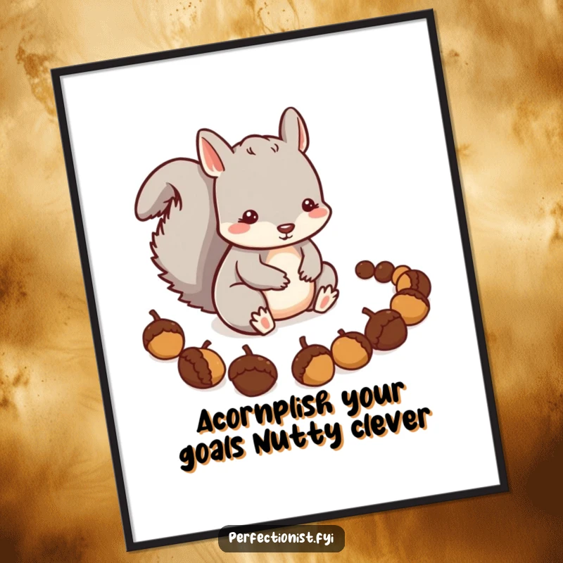 Funny free printable wall art of a careful squirrel perfectly arranging a line of acorns, a charming piece of nature decor.