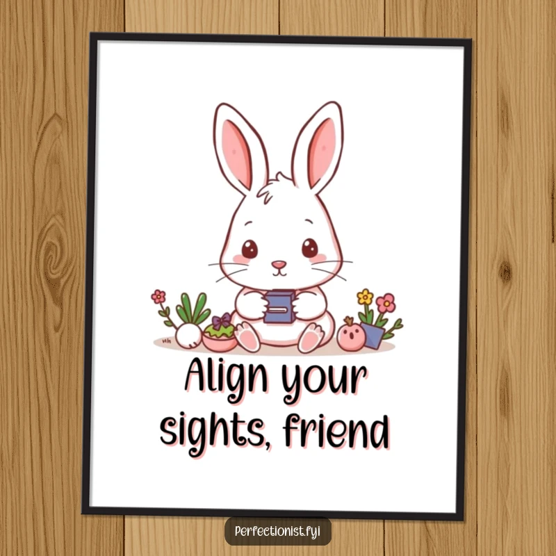 Funny Free Printable Wall Art: A rabbit character carefully aligns small toys into perfectly straight, parallel lines.