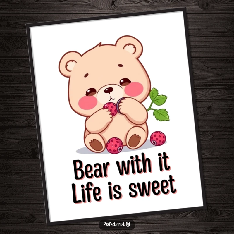 Funny Free Printable Wall Art: A focused bear meticulously polishes a single berry to a high shine, creating a humorous and unique decor piece. Instant download.