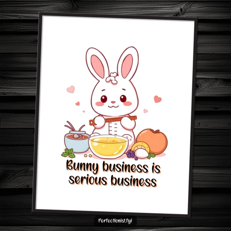 Funny Free Printable Wall Art: Cute Kawaii Rabbit with measuring cups, ensuring every ingredient is perfectly portioned.
