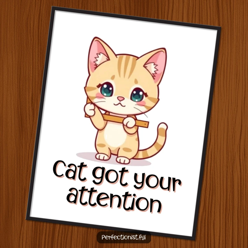Funny Free Printable Wall Art: A cat character carefully straightens a wobbly picture frame with focus.