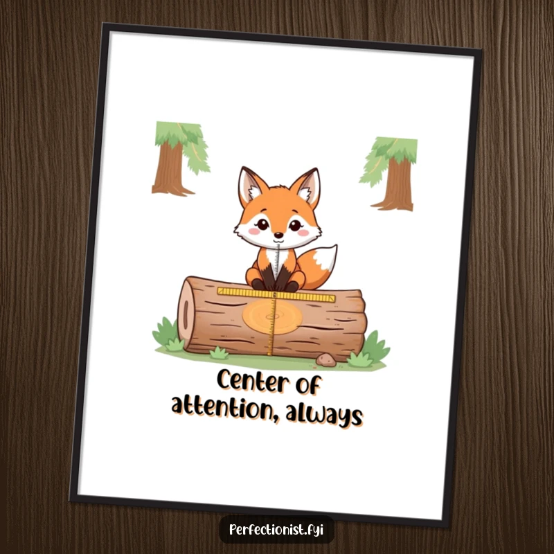 Funny Free Printable Wall Art: Precise fox using a ruler to find the exact center of a fallen log, art of accuracy.