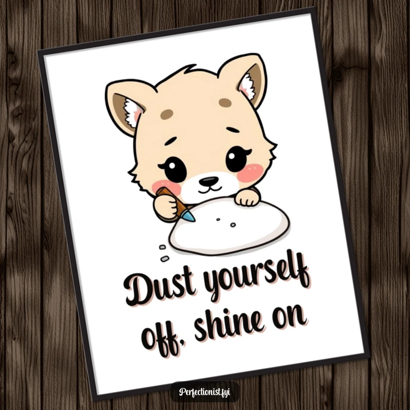 Free Printable Wall Art of a cute animal character meticulously cleaning a tiny speck of dust, quirky and humorous downloadable decor.