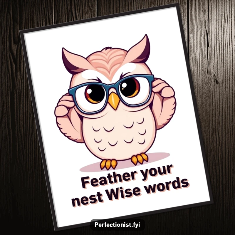 Funny free printable wall art of a proud owl adjusting its perfectly symmetrical spectacles, exuding wisdom and humor.