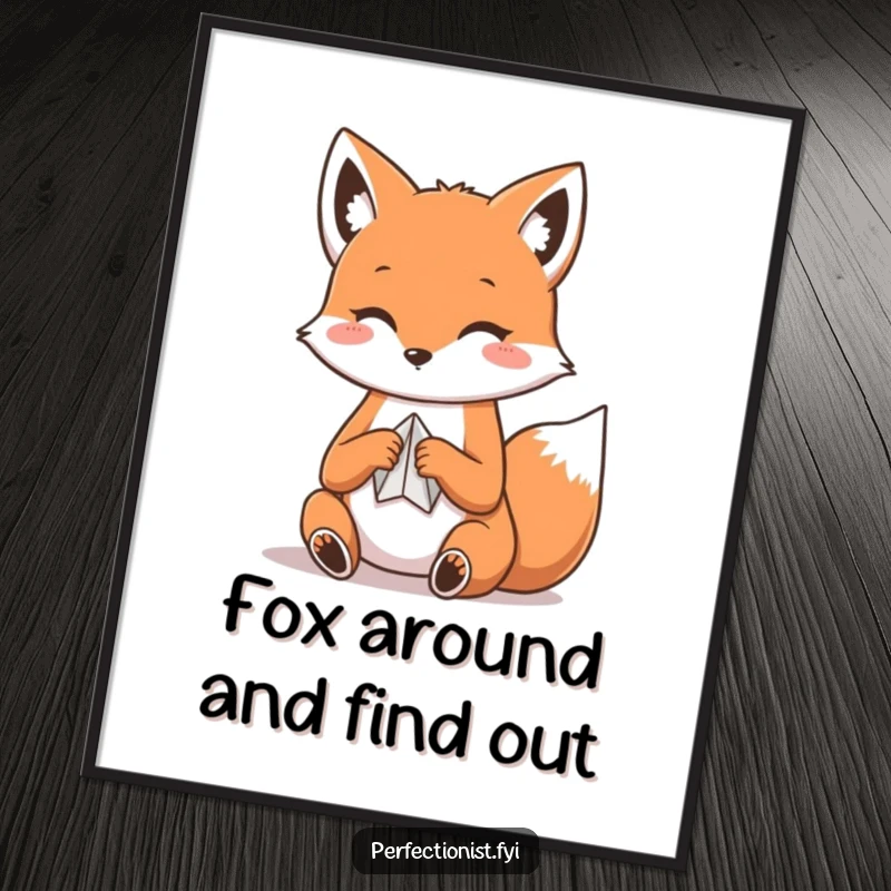Funny Free Printable Wall Art: Cute Kawaii Fox meticulously folding a small piece of paper into intricate origami shapes.