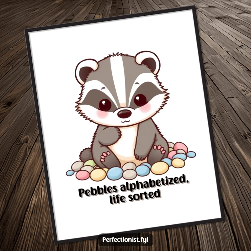 Funny Free Printable Badger Wall Art: A tidy badger alphabetizing small pebbles, perfect for organized DIY home decor.