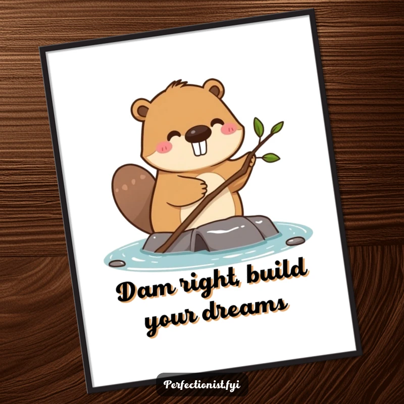 Funny Free Printable Beaver Wall Art: A happy beaver carefully straightening a twig on its dam, detailed and charming downloadable art.