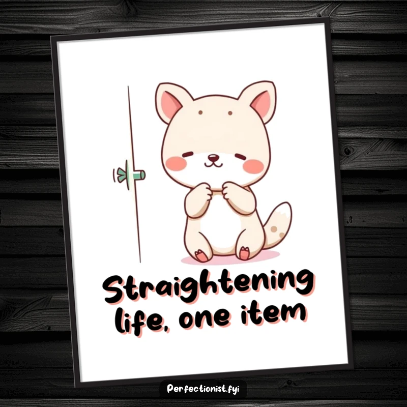 Funny Free Printable Wall Art: An animal character delicately adjusts crooked items, bringing perfect symmetry and charm. Downloadable decor.