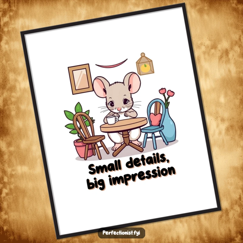 Funny Free Printable Mouse Wall Art: A mouse meticulously adjusting a miniature table setting, perfect for whimsical DIY decor.