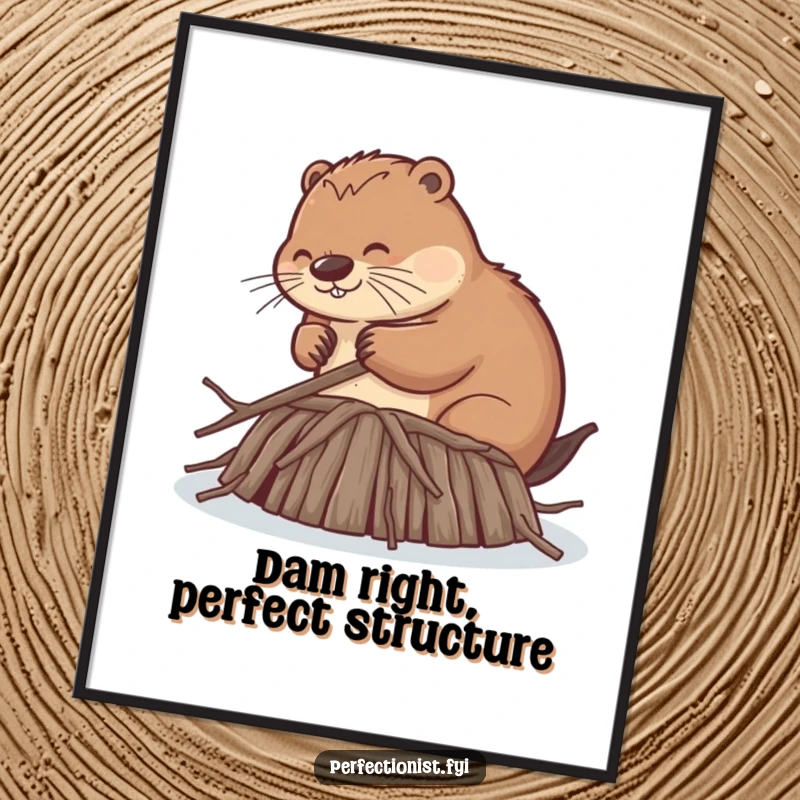 Funny Free Printable Wall Art: Beaver meticulously smoothing every twig to uniform length on its dam, a portrait of dedication.